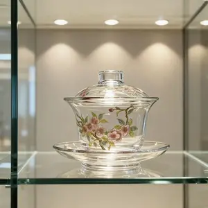 c13.Guochao Flower Tea Glass Gaiwan, Chinese Style Heat-Resistant Thickened Teaware, Essential for Fairy-Style Tea Brewing & Flower Viewing
