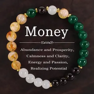 Natural Stone Money Bracelet | Garnet, Green Agate & White Jade 8mm Beaded Bracelet