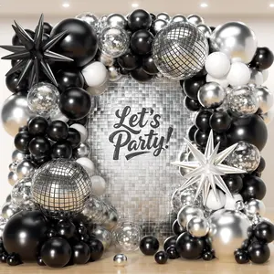 153-Piece Black & Silver Balloon Garland Kit Disco Ball, Stars & Confetti for Parties