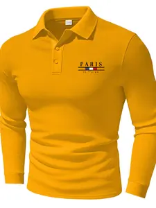 Men's Regular Fit Paris Letter Print Polo Shirt, Casual Long Sleeve Collared Top for Spring & Fall, Fashion Men's Clothes for Daily Wear, Menswear