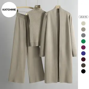 KatchMe Women's Minimalist Solid Color Turtle Neck Tank Top & Wide Leg Trousers with Long Cardigan Three-Piece Set, Comfortable Womenswear Co-ord Set