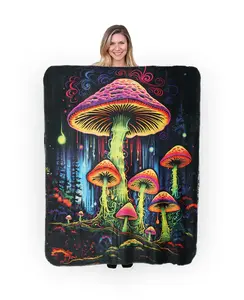 Mushroom Glow Lux Fleece Printed Blanket with Sherpa Backing 50" x 60" Super Soft Anti-Static HD-Printed Design Versatile Size Options Easy to Clean