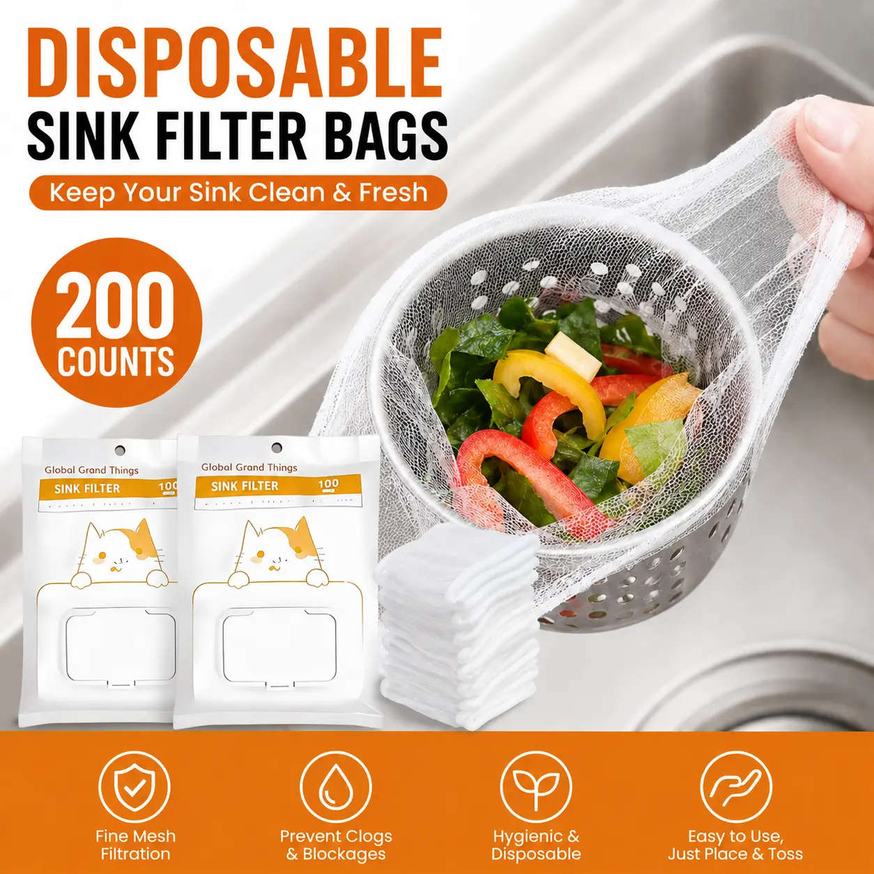 200 Counts Sink Strainer Mesh Bags - Kitchen Sink Drain Protector & Anti-Clogging Filter Hack, Universal Fit Disposable Mesh Strainer for Kitchen, Laundry & Bathroom, Must-Have Home Cleaning Gadget