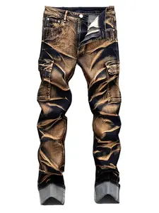 Men's Brown Vintage Wash Stacked Cargo Jeans, Multi-Pocket Streetwear Denim Pants, TikTok Trending Casual Utility Pants for Men