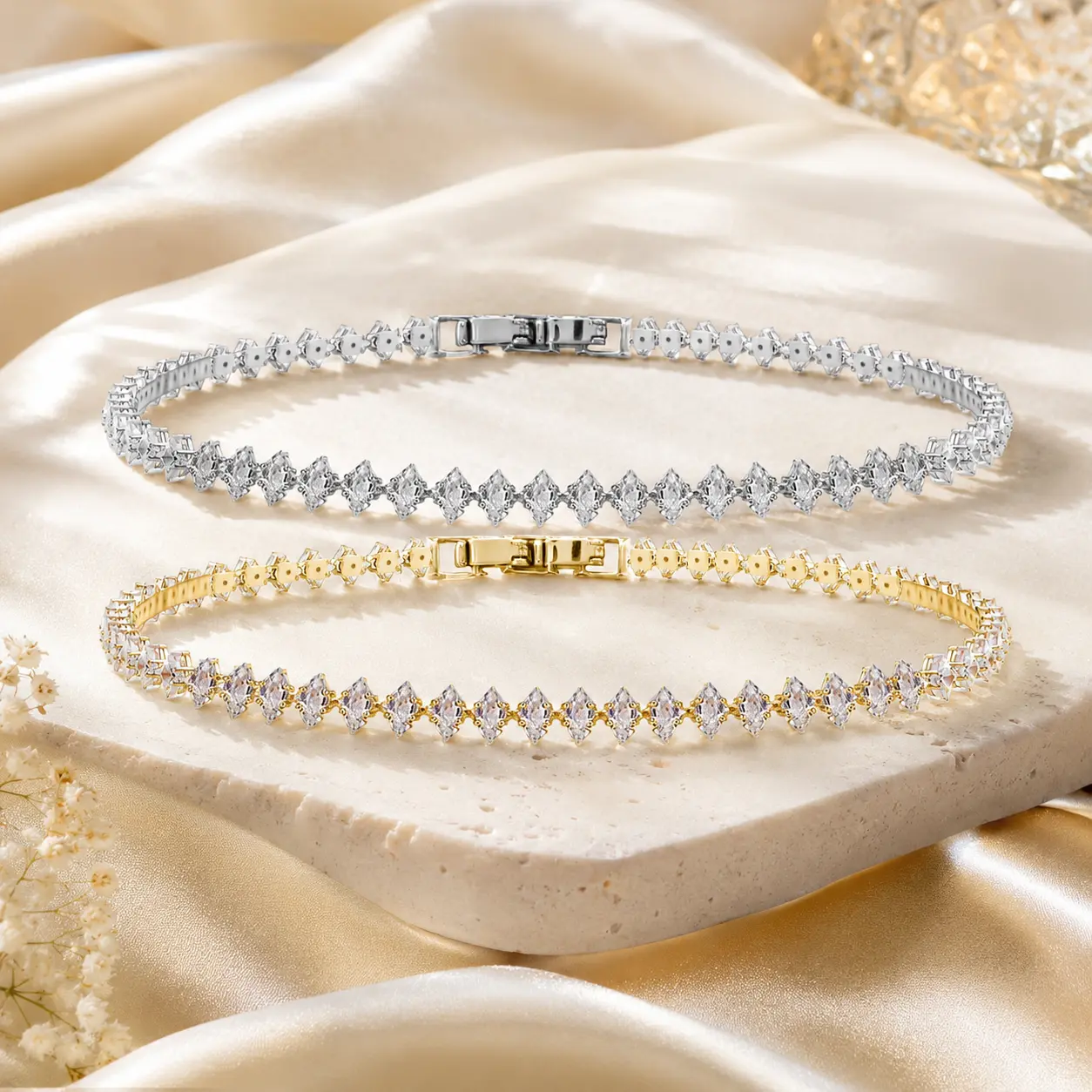 Silver Gold Tennis Bracelets for Women Trendy Non Tarnish Stackable Cubic Zirconia Diamond Bracelet Stack Dainty 14K Gold Plated Bracelets for Wedding Bridesmaid Prom Gold Jewelry