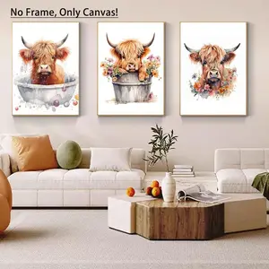 Highland Cow Bathing Pattern Unframed Painting Print, 3 Counts/set Modern Canvas Wall Art, Wall Decor for Home Living Room Bedroom Study Room, Artistic