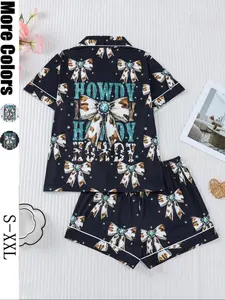 Women's Christmas Print Pajama Set, Long Sleeve Lapel Design, Soft Breathable Fabric, Holiday Casual Wear, Winter Home