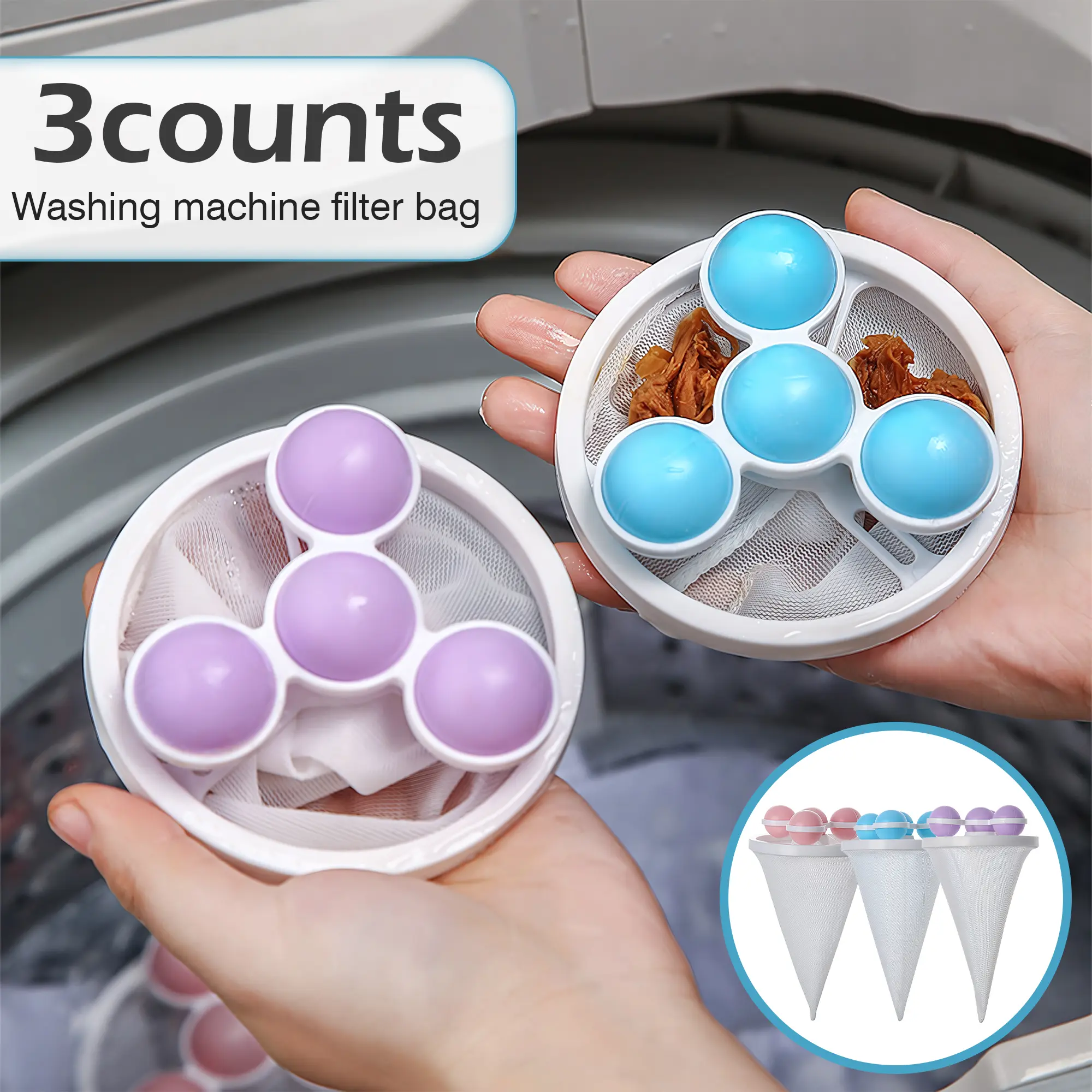 3 Counts Washing Machine Hair Filter Bag,Made from sturdy durable material, Withstands repeated machine washes, Cost-effective laundry aid