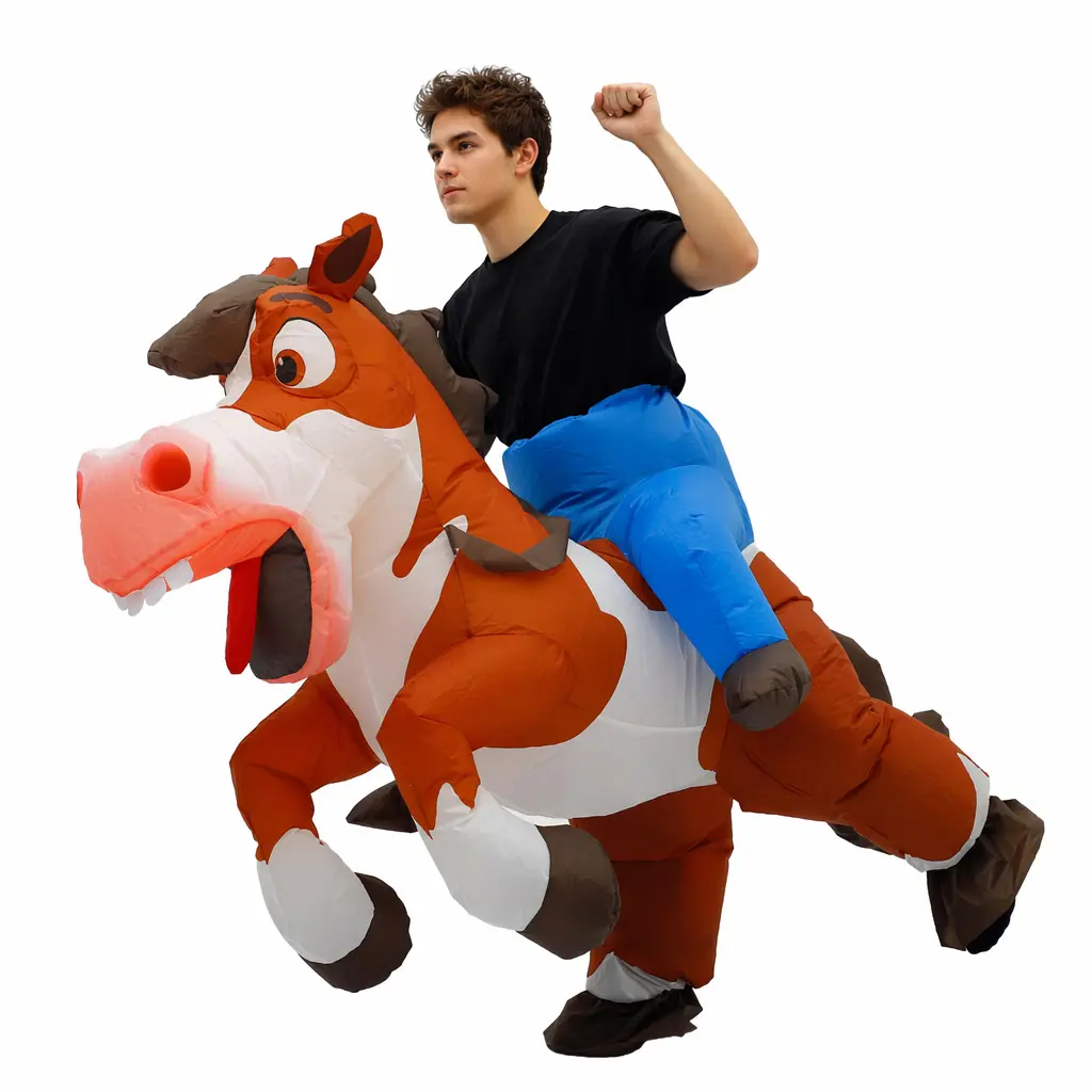 Halloween Ride-On Inflatable Horse Costume for Adults, Cartoon Blow Up Rider Horse Suit with Built-In Fan, Comfortable Play Costume for Backyard Parties, Carnivals & Trick-or-Treat Nights