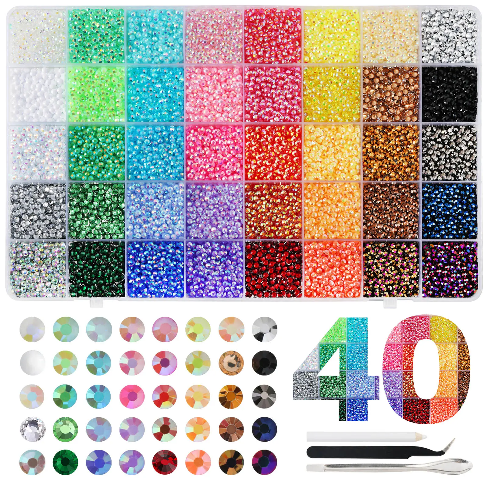 Bedazzling Rhinestone Kit, 40-Color 3mm Flatback Resin Jelly Gems Set for Diamond Art, Shoes, Nail Art, Includes 1 spoon, 1 tweezers, and 1 pickup pen