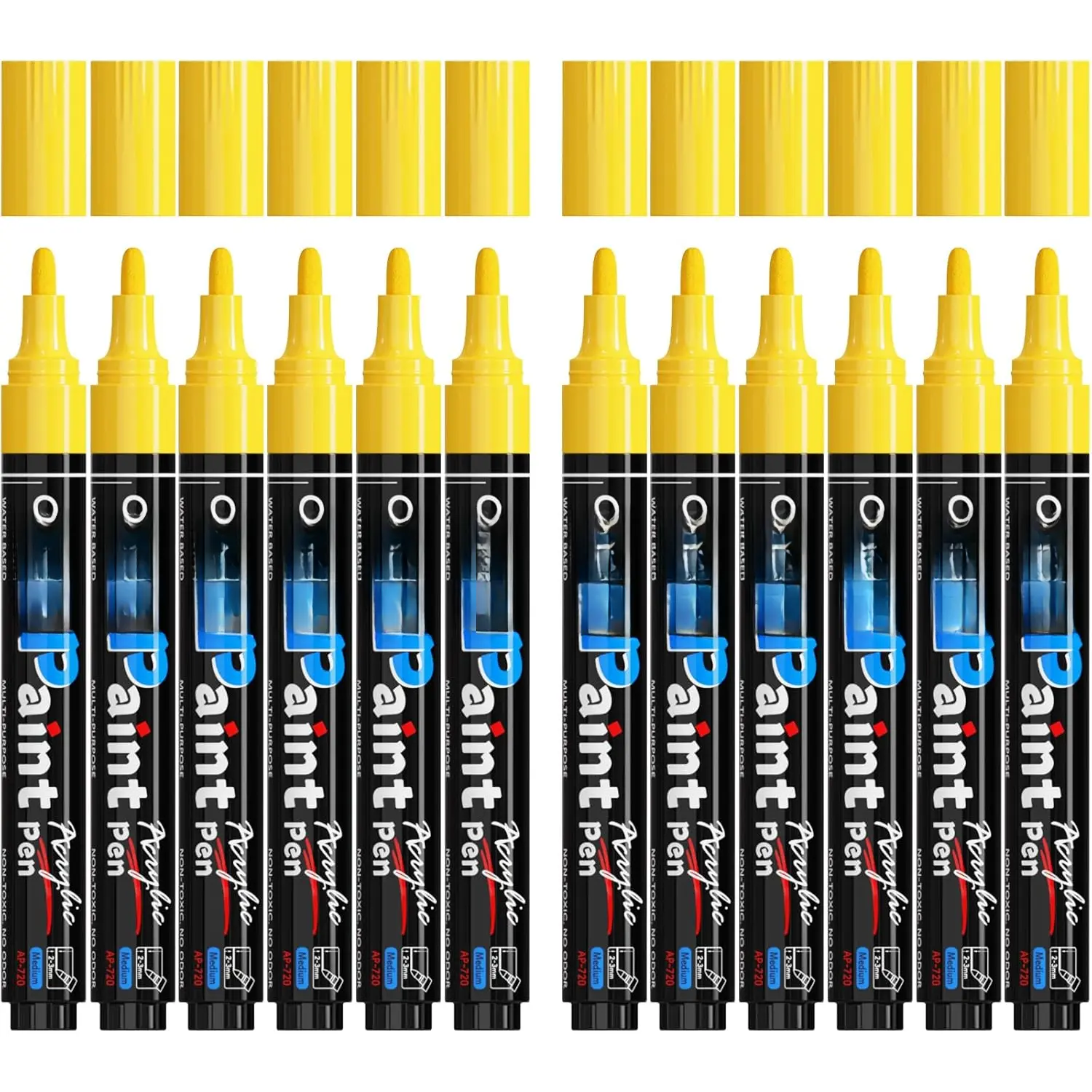 Yellow  Pens  Markers - Permanent  Markers 12 Pack, Water-Based, Quick Dry,  Marker Pen for Rock, , Plastic, Metal, Canvas, Glass, Mugs. Medium Tip