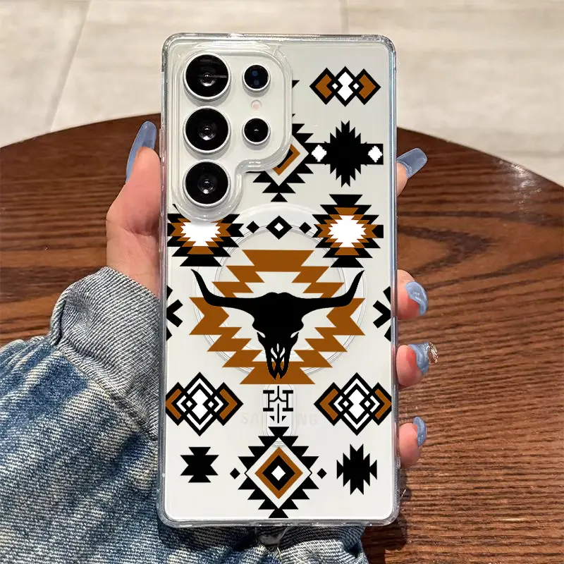 Vintage Ethnic Geometric Bullhead Pattern,Magnetic Ring,Wireless Charging,Supports for  Galaxy S26 S25 S24 S23 S22 S21 S20 Fe Plus Ultra Edge S10E A57 A56 A55 A54 A37 A36 A35 A34 A26 A25 A24 A23 A17 A16 A15 A14 A07 A06 A05s Note20 Note10 Note9, Sma