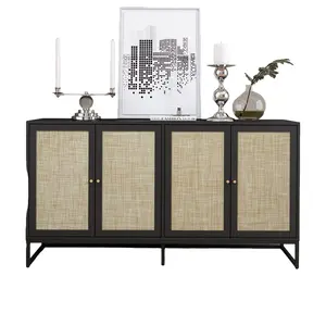 Giratree Modern Sideboard Cabinet with Rattan Doors, Freestanding Buffet Storage Cabinet with Adjustable Shelves, Large 4-Door Accent Storage Cabinet for Kitchen, Dining Room, Living Room, Hallway, or Office