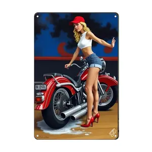 1pc Blonde Pin-Up with Red Harley-Davidson Motorcycle Art Metal Tin Sign - Rustic Iron Wall Art for Home, Office, Cafe, Bar, and Garage Decor - Easy to Hang, Versatile for Holiday and Seasonal Decorations