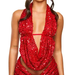 Glitter Shiny Mini Shorts Set Women Sparkly Sequin Outfits 2 Piece Sexy Sleeveless Low Cut Halter Crop Top Fitted Club Party