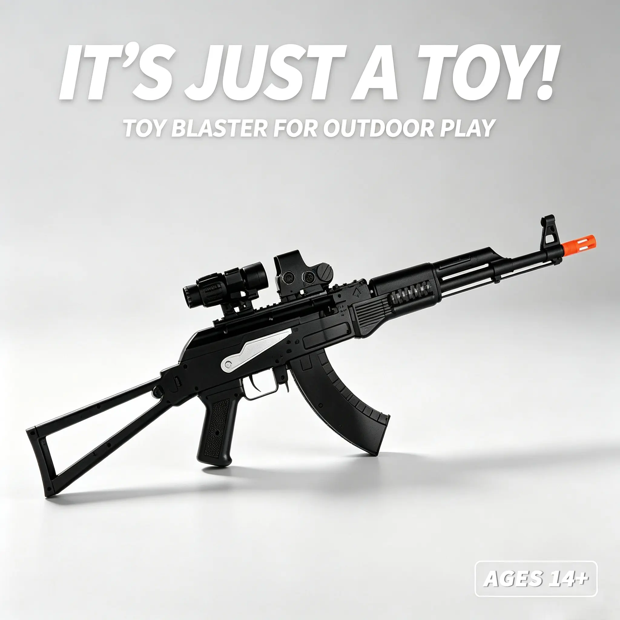 Dual Mode Automatic & Manual Tactical Orbeez Toy Blaster, AK Style Outdoor Game Toy with Foldable Stock and Sight Attachments, Rechargeable Toy Suitable for Ages 14+, IT'S JUST A TOY!