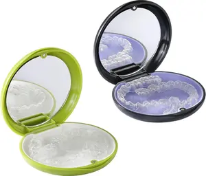 2 PCS Retainer Cases, Compatible with Invisalign, Mouth Guard Case with Mirror, Suitable for Storage Retainer Removal Tool, Chewy, and Brush (1PCS Green White+1PCS Black Purple)