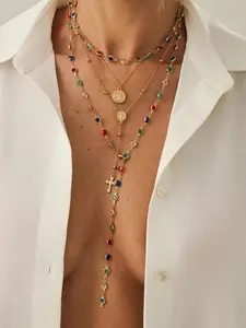 Vintage Metal Jesus Cross Y Style Long Necklace Set, Bohemian Colorful Pendants Jewelry, Perfect Fashion Gift for All Seasons, Vintage Appeal, Long Chain, Bohemian Charm, Cross Design Pendant
