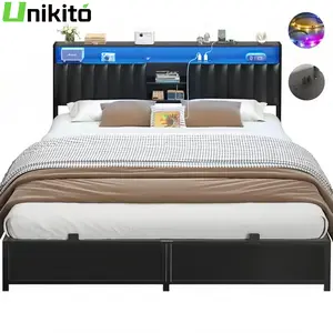 Bed Frame with Charging Station & Led Lights, Platform Bed with Leather Upholstered Headboard and Storage, Metal Slats Support