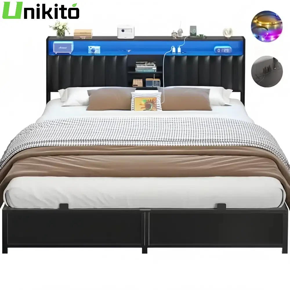 Bed Frame with Charging Station & Led Lights, Platform Bed with Leather Upholstered Headboard and Storage, Metal Slats Support
