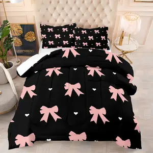 Black and pink quilted comforter with bow and heart print and 1/2 pillowcase (filling not included), a sweet and cool romantic bedroom decor.