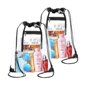 2 PACK Clear Drawstring Bag Stadium Approved, See Through PVC Drawstring bags, Transparent Backpack with Inner Zipper Pocket