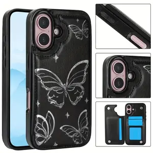 Butterfly Print Wallet Card Holder Phone Case for iPhone 17/16/15/14/13/12 Pro/Plus/Pro Max/Air Leather Protective Flip Wallet with Card Storage and Silver Butterfly Design hard shell
