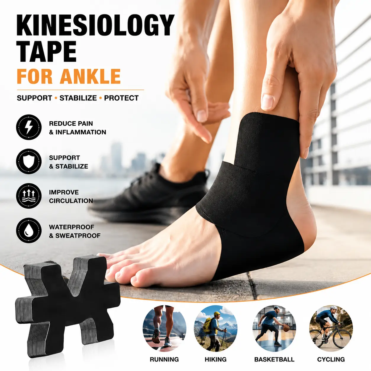 Precut Ankle Kinesiology Tape (10PCS) - Ankle Stabilizer, Breathable Elastic Athletic Tape for Pain Relief, Swelling Reduction, Running, Basketball & Sports