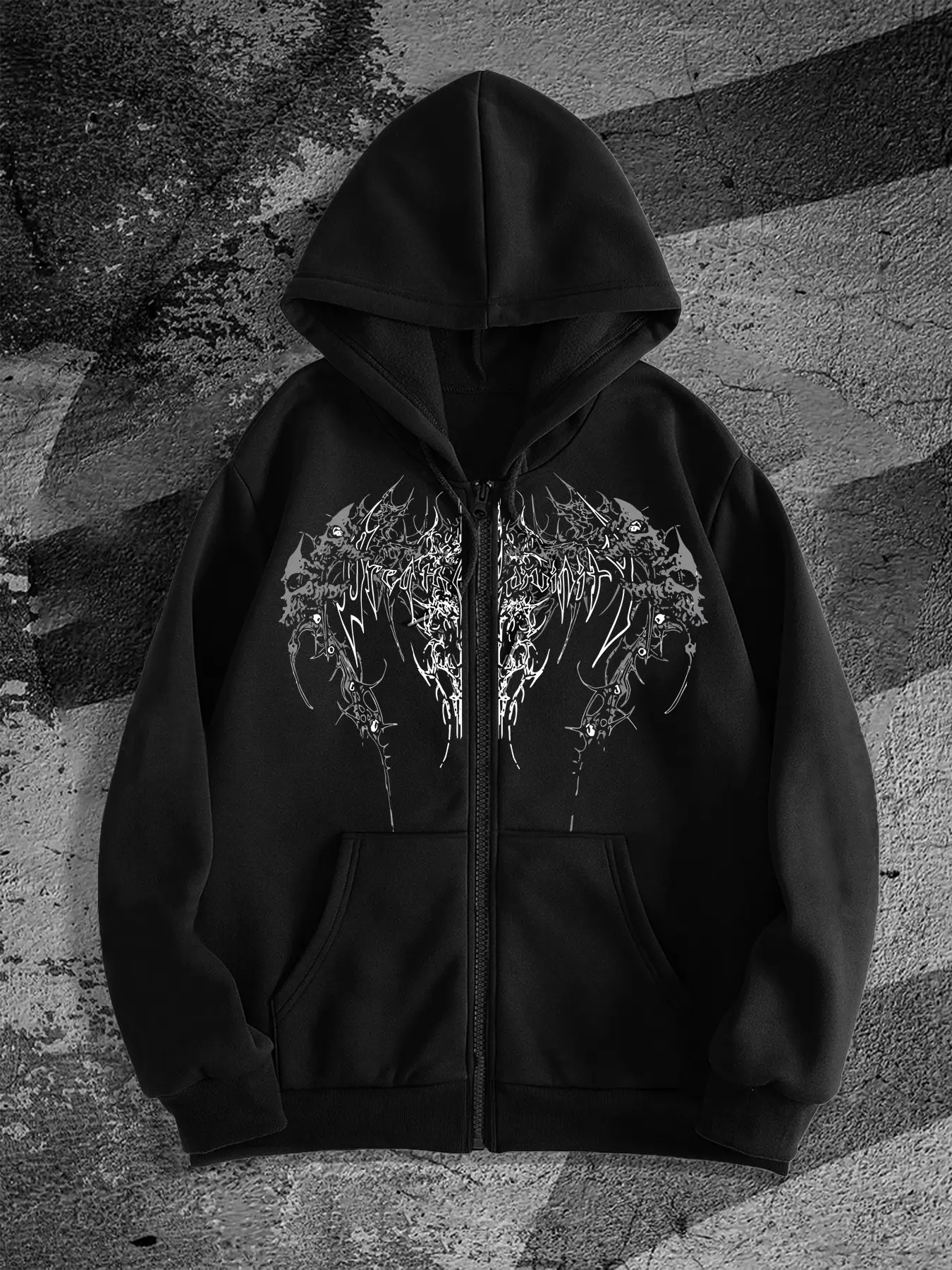 Trendy Dark Skull Zipper Hoodie for Casual Wear, Fitted Moderate Thickness Street Style, Fall & Winter Essential Fashion