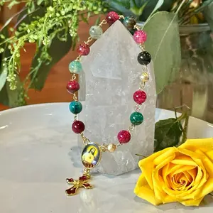 Rosary Bracelet with Multicolor Agate Beads and Gold-Tone Cross Charm for Spiritual Jewelry