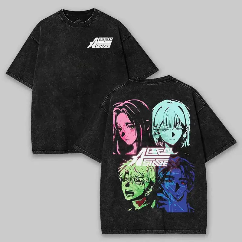 Alien Stage Anime Graphic Tee, Vintage Acid Wash Unisex T-Shirt, Anime OOTD show Ivan Till Mizi Sua Oversized Top, Y2K Grunge Harajuku Aesthetics Hip Hop Streetwear Clothes for Men and Women Classic Tshirt