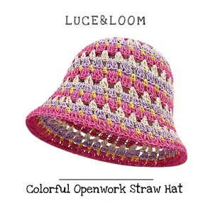 【LUCE&LOOM】Premium Handcrafted Crochet Bucket Hat | Breathable Color Block Straw Knit Hat | Trendy Aesthetic Summer Sun Hat for Women & Teen Girls
