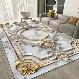 Luxury White Marble with Gold Baroque Flannel Area Rug - Oversized Soft Plush Mat for Living Room & Bedroom, Non-Slip Thick Ornate Classic Home Decor for High-End Enthusiasts #LuxuryMarbleRug #GoldBaroqueCarpet #HighEndHomeDecor #FlannelMat #NonSlipRug