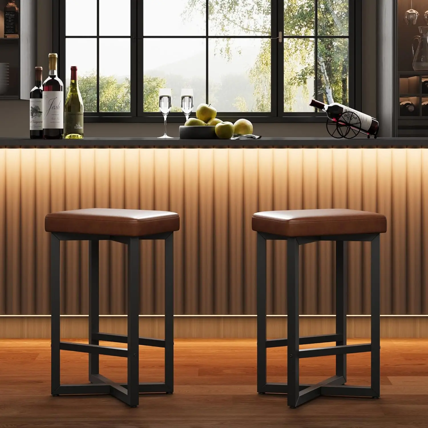 Gaomon Modern Barstool Set of 2 - Minimalist Backless Waterproof 24.6in Counter Height PU Leather Upholstered Barstools with Metal X-Frame, 5.9in Footrest, 15.7in Wide Seat, Easy Repositioning, for Home Bar, Kitchens
