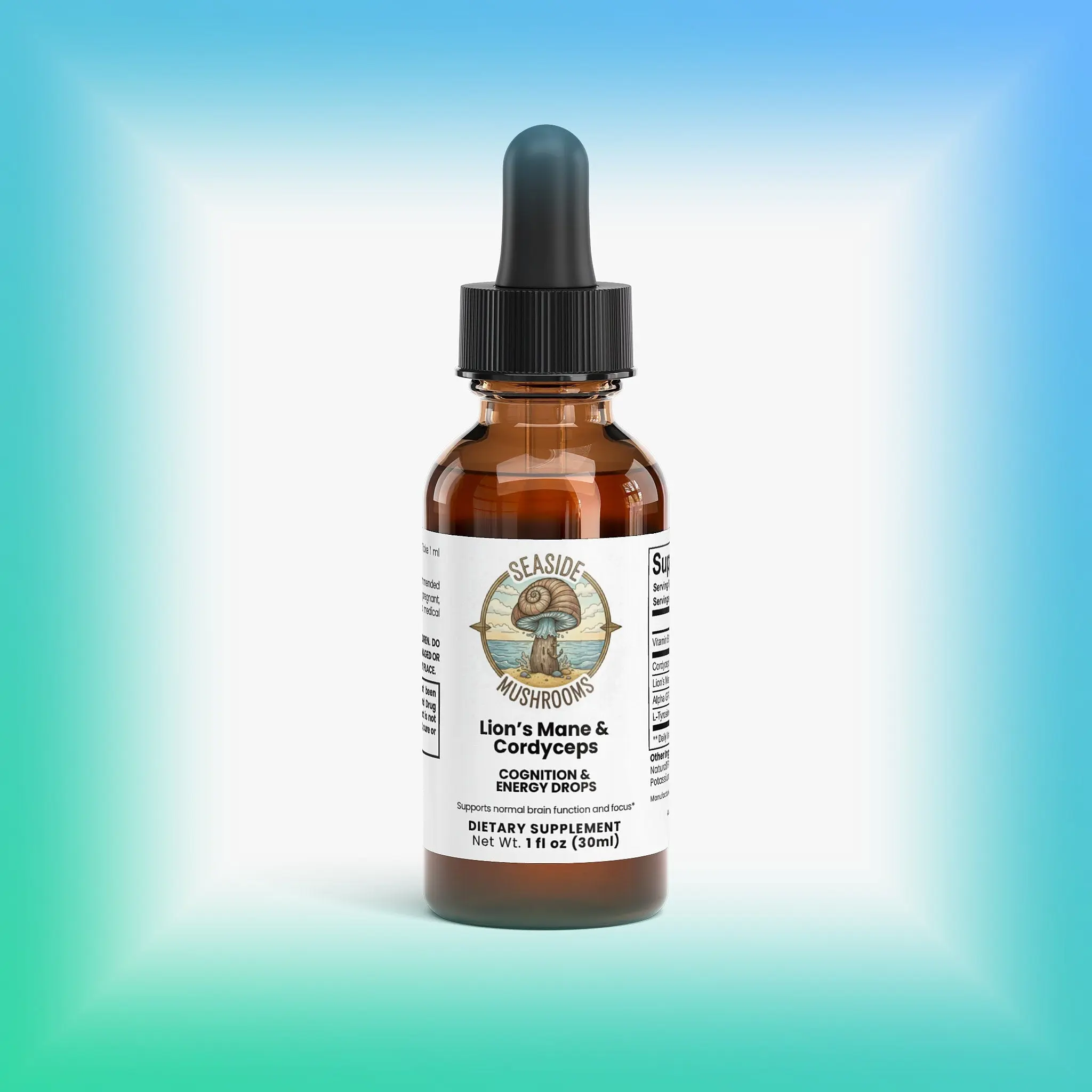 Seaside Mushrooms Lion's Mane & Cordyceps Drops - Focus & Energy Liquid Supplement with Alpha-GPC, L-Tyrosine, B12