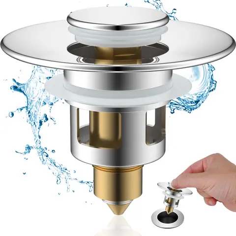 Hibbent All Metal Universal Push Seal Bathroom Sink Stopper - Brass & SS Core, Silicone Components, Anti-Clog Strainer, Stable Basket Hold, Retro Ceramic-Compatible, 1"-1.8" Basin Fit, Easy Chrome Installation