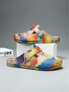 1 Pair Unisex Artistic Closed-Toe Half Slides: Breathable Lining, Graffiti & Splash-Ink Design, Anti-Slip & Wear-Resistant, Beach Vacation Sandals