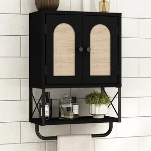 Rattan Bathroom Wall Cabinet, Boho Over The Toilet Storage Cabinet with Arched Rattan Doors, Modern  Cabinet with Adjustable Shelves & Towel Bar (Black, Small)