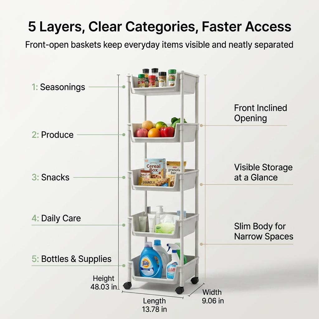 Multifunctional Multi-Layer Plastic StorageCartwith Wheels, Layered Shelf Organizer forBedroomKitchen Bathroom Living Room,AdjustableStanding Shelf Suction Cup Sponge Holder forKitchen Sink semiannual sale 2026 easy install kit gloveclip cas