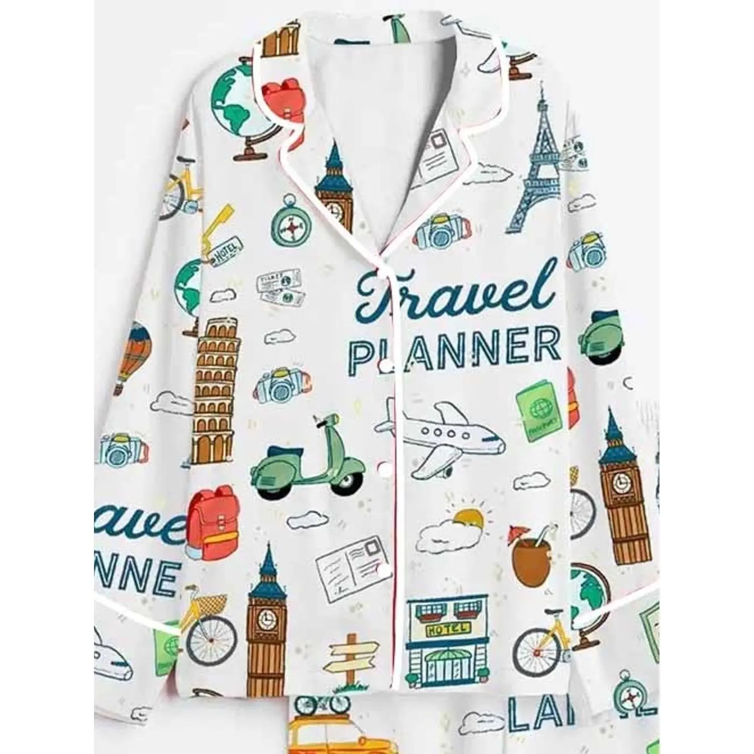 Unisex Travel-Inspired Long-Sleeve Pajama Set with Vibrant Airplane, Suitcase, and Landmark Prints - Perfect for Spring, Summer, Autumn Lounging, 2-Piece Home Wear Set