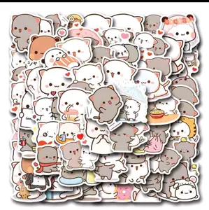 60 pcs Kawaii Mochi Cat Vinyl Stickers | Cartoon Anime Characters DIY Fashion Waterproof Doodle Decals Stickers | Diaries, Laptops, Luggage, Bumpers, Cell Phones, Scrapbooks, Scooters, Helmets, Car Cartoon Stickers And Decals