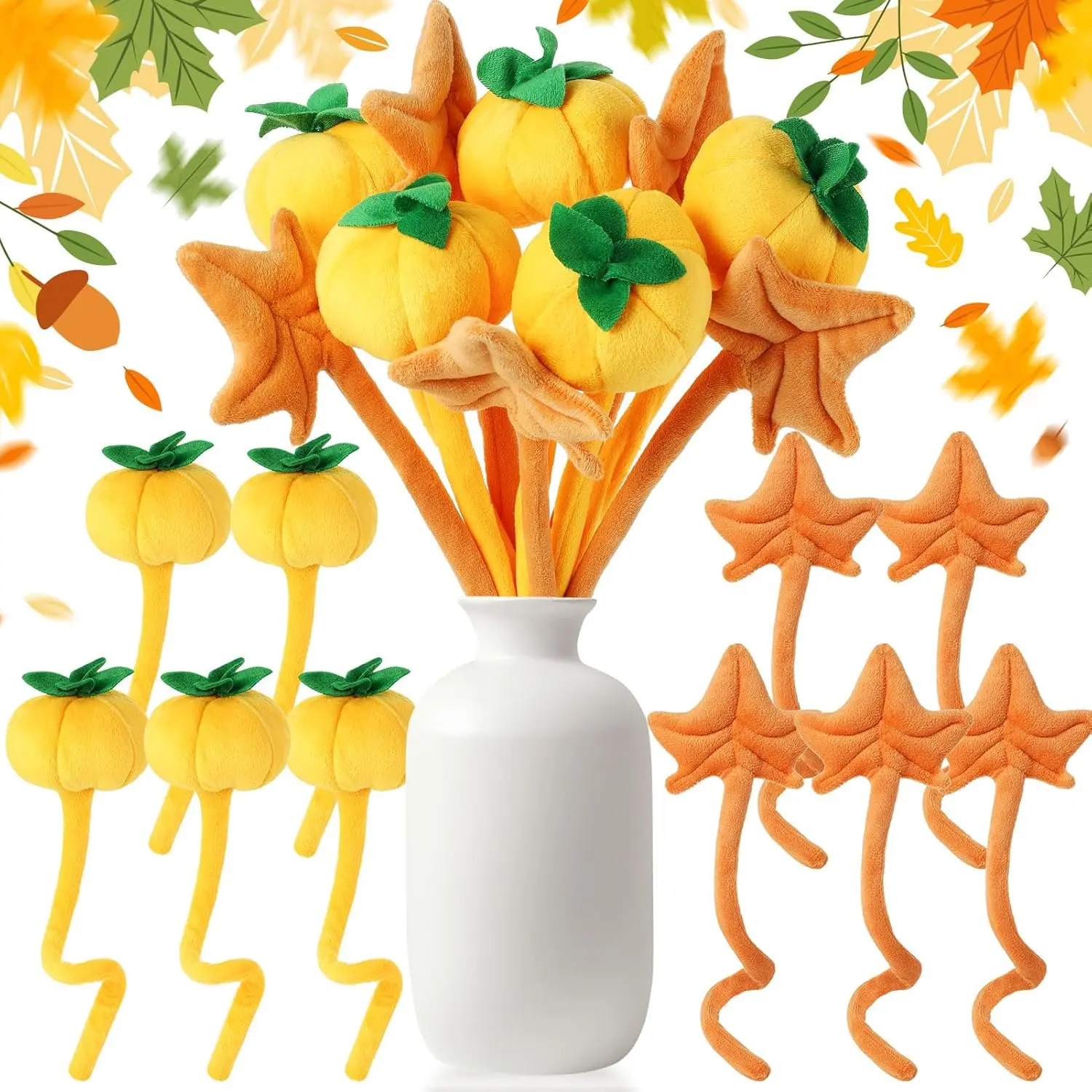 10-Pc Plush Pumpkin-Maple Stuffed Bouquet Toy with Bendable Stems, 12.6-Inch Soft Flower Decor for 2026 Thanksgiving Fall, Ideal for Girls (Fall Style)