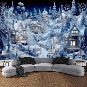 [3D Christmas Wall Tapestry] 3D Christmas Town Snow Scene Wall Tapestry | Winter Wonderland Backdrop, New Year Wall Hanging Decor for Living Room