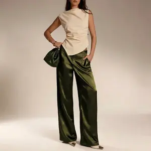 All Seasons Women's Satin Casual Trousers, High Waist Solid Color Pants with Zipper Pockets, Elegant Outfit for Office Brunch Vacation Airport