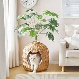 HOOBRO Rattan Plant Cat House with Litter Box & Scoop, Large Cat Litter Box Enclosure, Odor Control Filter, Handwoven Litter Box Furniture with Decorative Plant, Real Stones, Natural