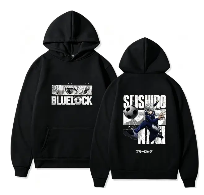 Blue Lock Seishiro Nagi double-sided graphic pullover hoodie, anime character front chest & back soccer action print, oversized loose fit unisex casual top, fan gift