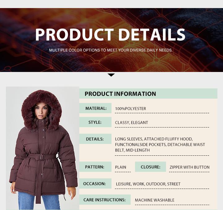 KatchMe Women's Cozy Fluffy Hooded Zip-Up Belt Decor Cotton Coat, Classy Solid Color Mid-Length Outfit, Fall & Winter Outerwear Jacket (US)