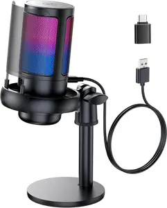 Gaming Microphone, USB PC Mic for Podcasts Videos, Streaming, Condenser Mic with Quick Mute, Tripod Stand, Pop Filter, RGB Indicator, Shock Mount, Rotate gain button, Compatible with PS4/5/PC