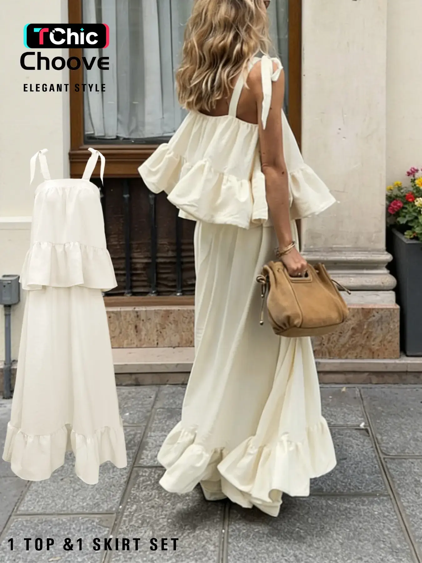 Summer Women's Oversized Baggy Blouse & Skirt Set, Elegant Outfit, Ruffle, Super Loose Fit, Adjustable Straps, Lightweight Breathable Fabric, Two-Piece