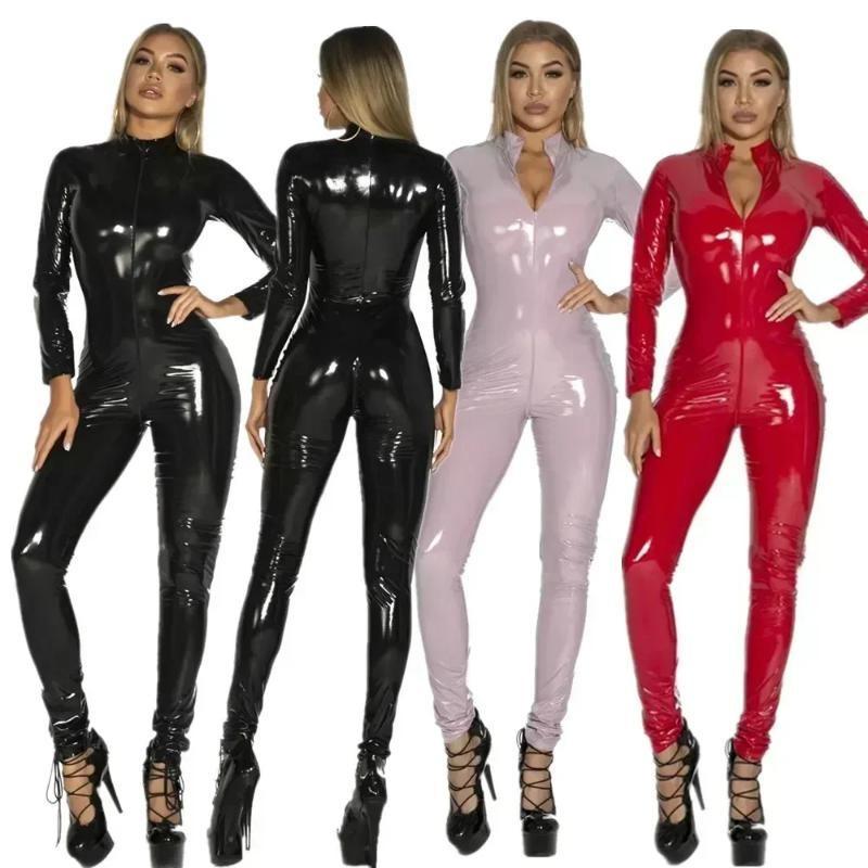 Women's Wet Look PU Leather Jumpsuit Suit Long Sleeve Zipper Open Crotch Shiny Latex Bodysuit Clubwear Plus Size Womenswear Clothes